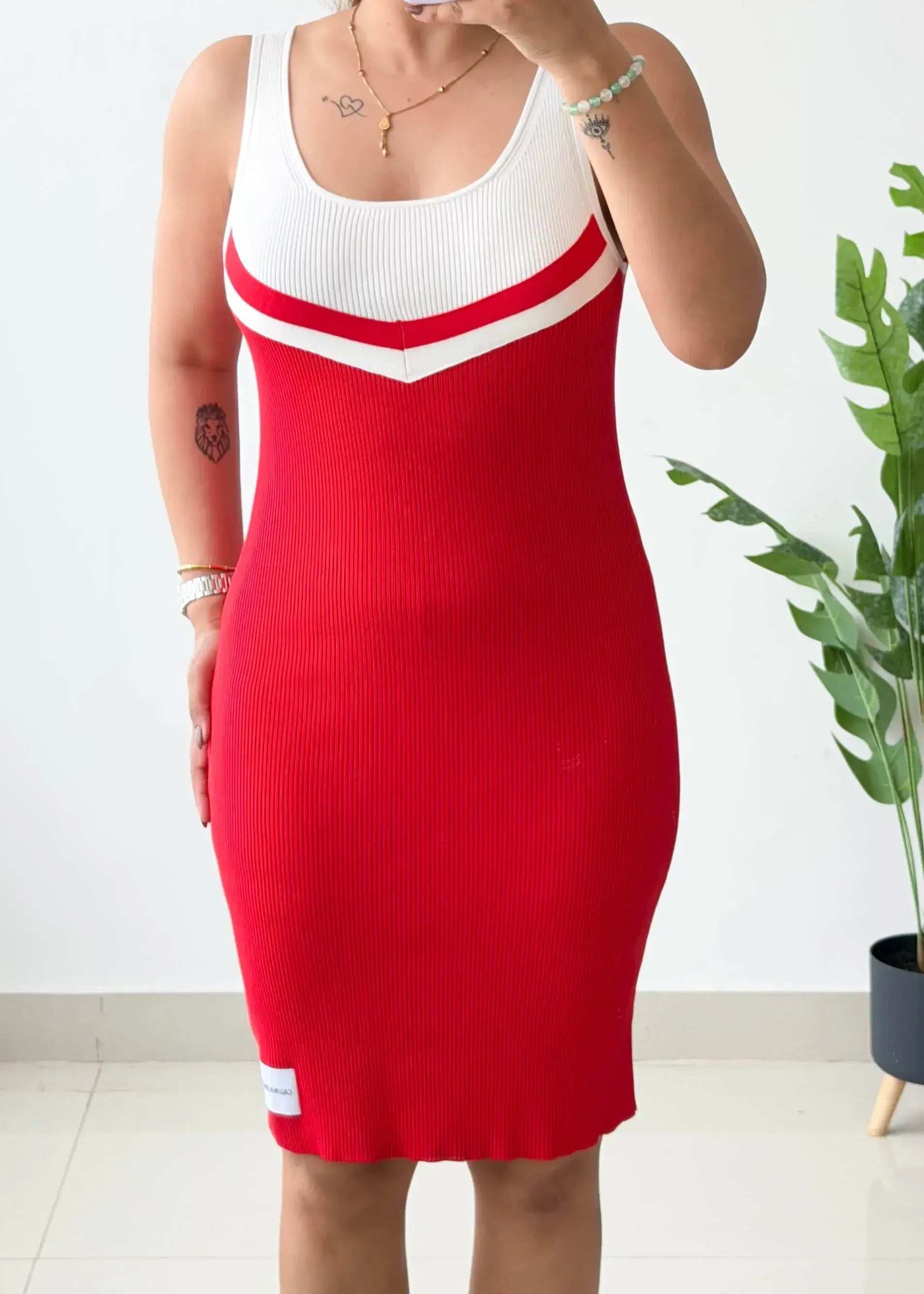 Size M-L, Red & White Contrast Midi Dress - Closet by Payal