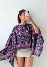 Free Size Navy Floral Batwing Kaftan Top