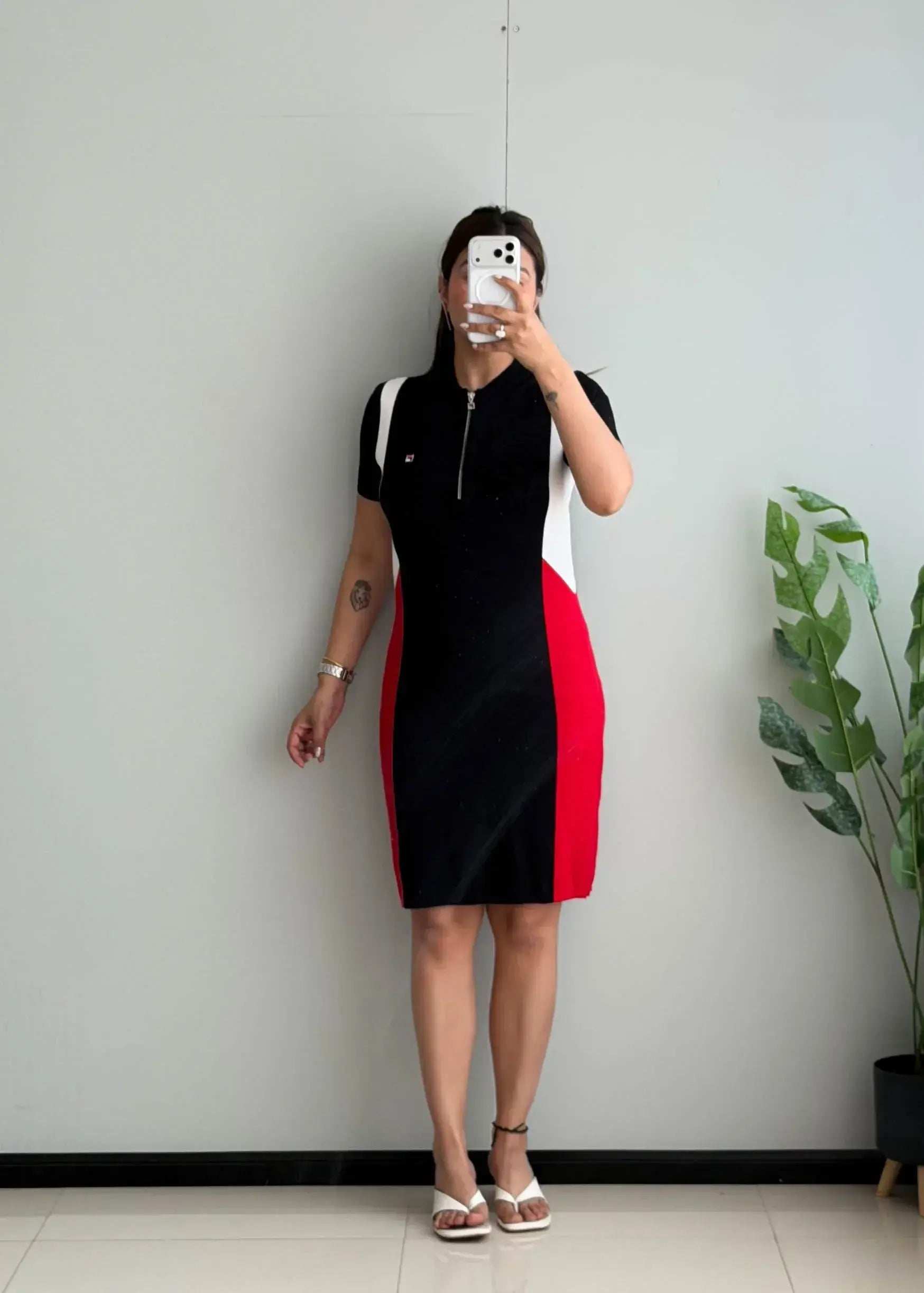 SIZE M-L, Black Colorblock Bodycon Midi Dress with Zip Neck - Closet by Payal