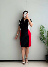 SIZE M-L, Black Colorblock Bodycon Midi Dress with Zip Neck - Closet by Payal
