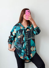 Size L-XL Teal Geometric Print Longline Shirt Top