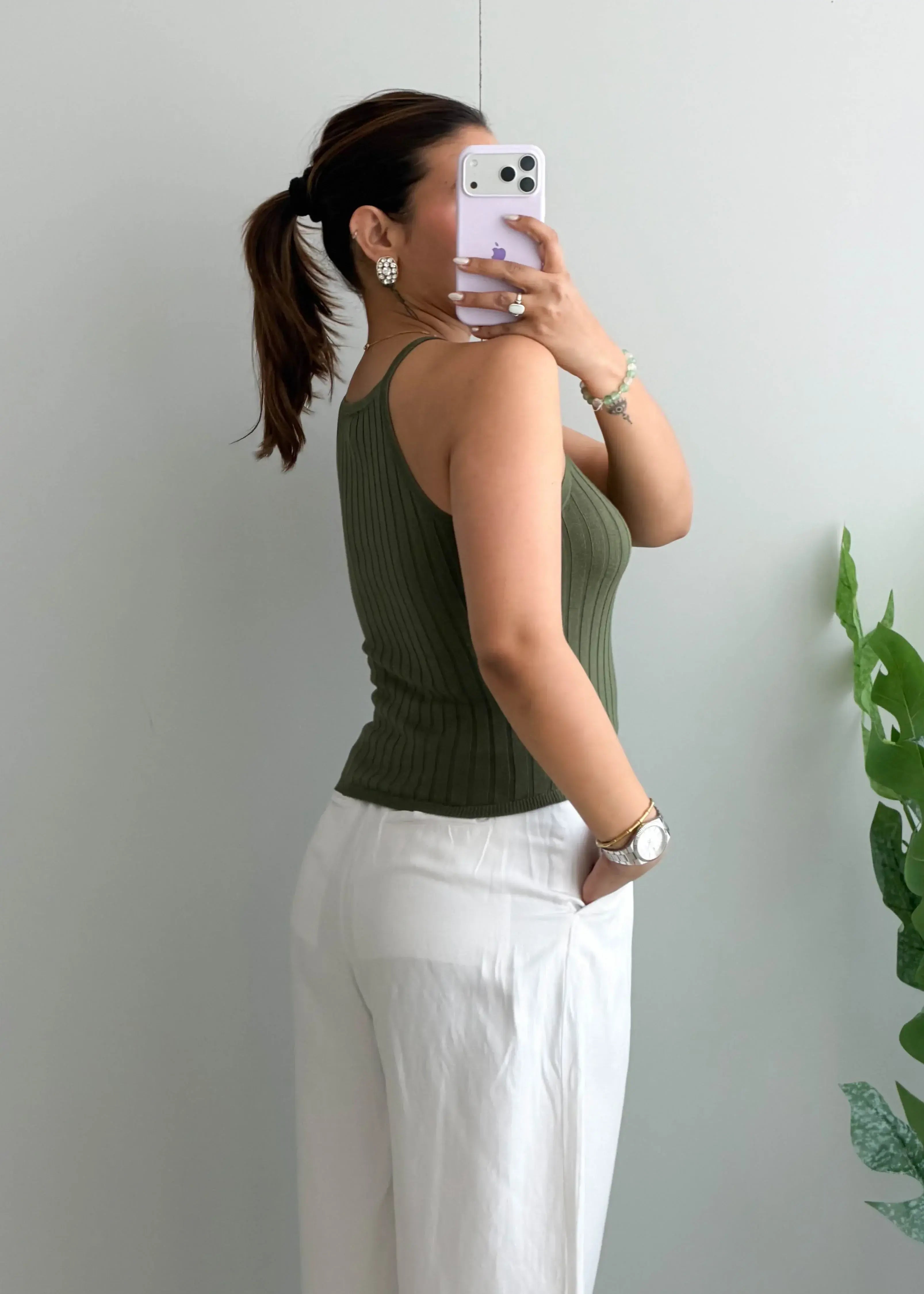 Size S-M Olive Ribbed Halter Neck Top - Closet by Payal