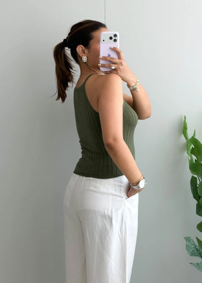 Size S-M Olive Ribbed Halter Neck Top - Closet by Payal