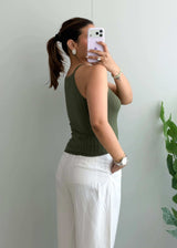 Size S-M Olive Ribbed Halter Neck Top - Closet by Payal