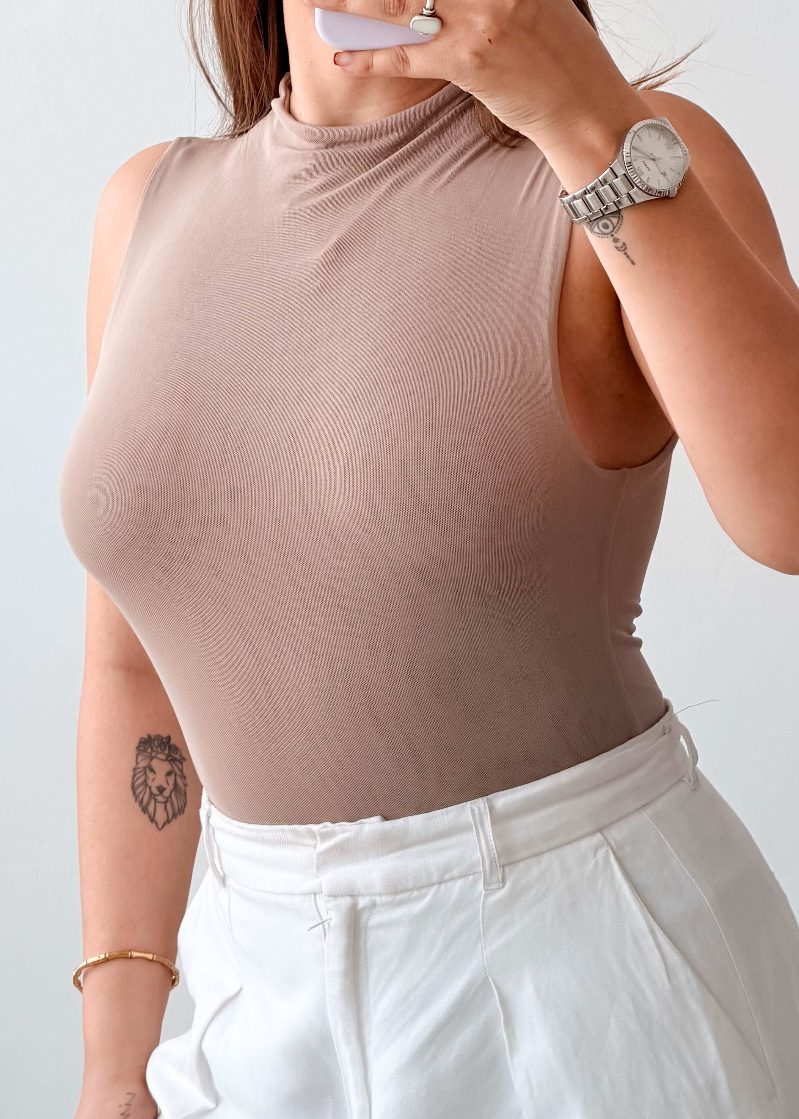 Size S-M Taupe High Neck Ribbed Bodysuit