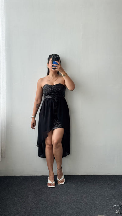 Size XS-S Black Strapless High-Low Dress