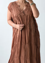 Size M-L Brown Embroidered Pleated Maxi Dress