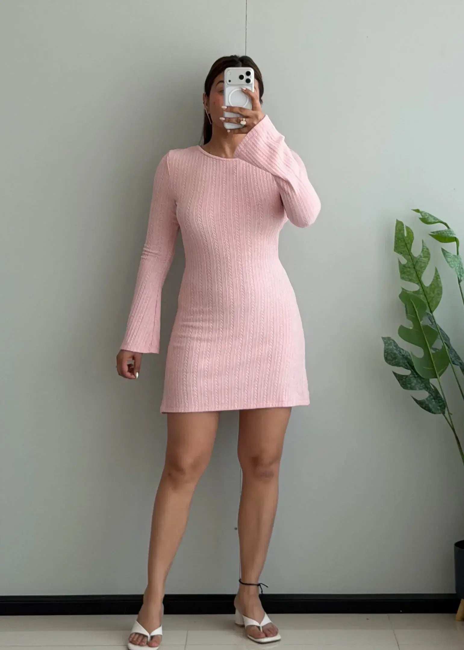 SIZE XS-S, Soft Pink Ribbed Long Sleeve Mini Dress - Closet by Payal