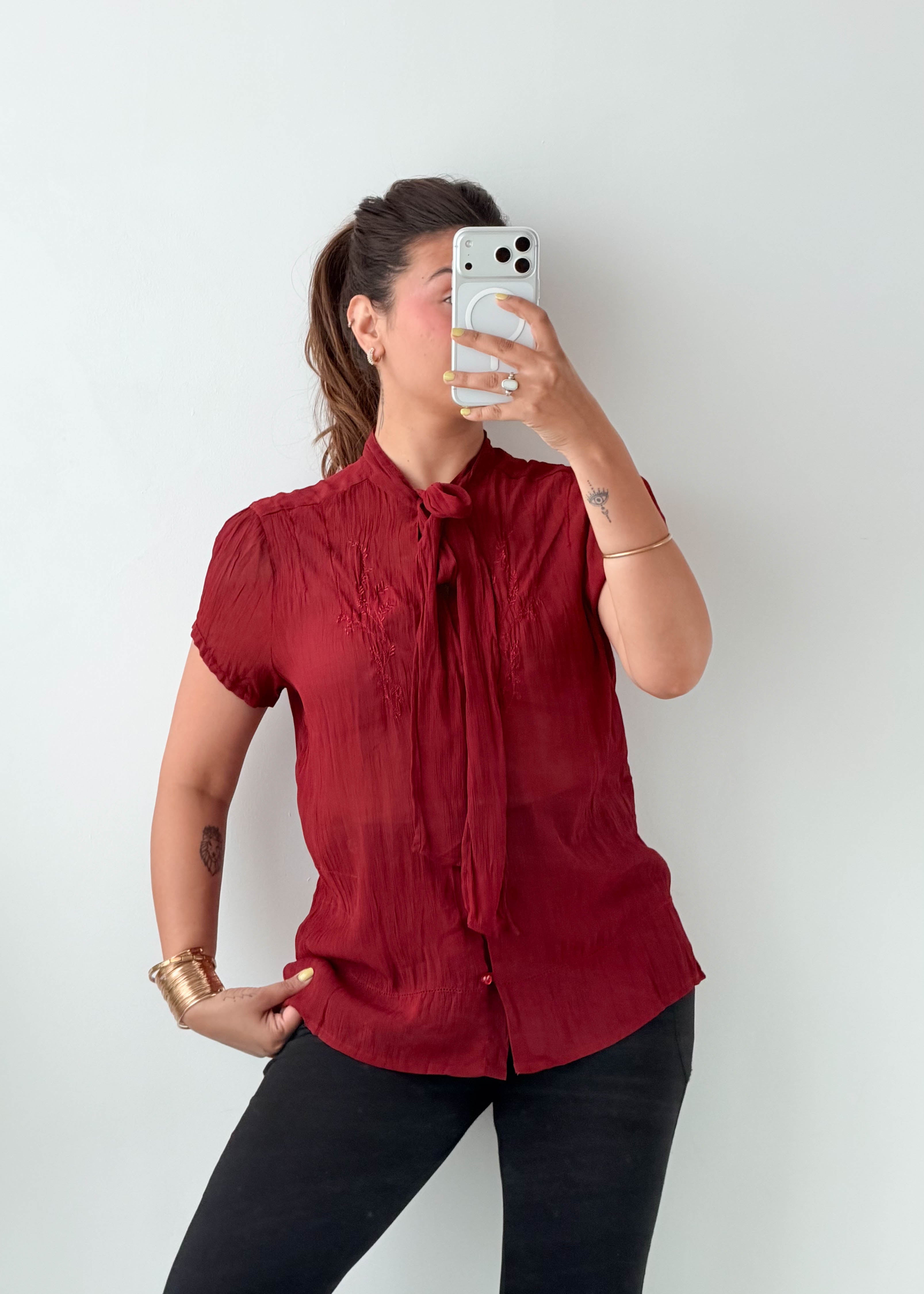 Size M-L Burgundy Tie-Neck Blouse