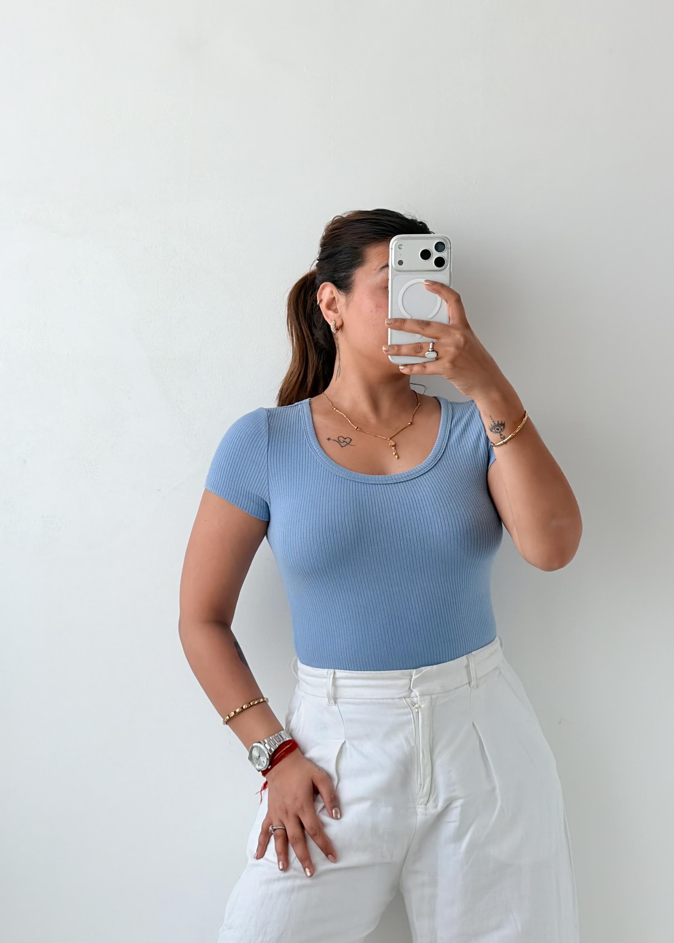 Size XS-S Sky Blue Ribbed Bodysuit