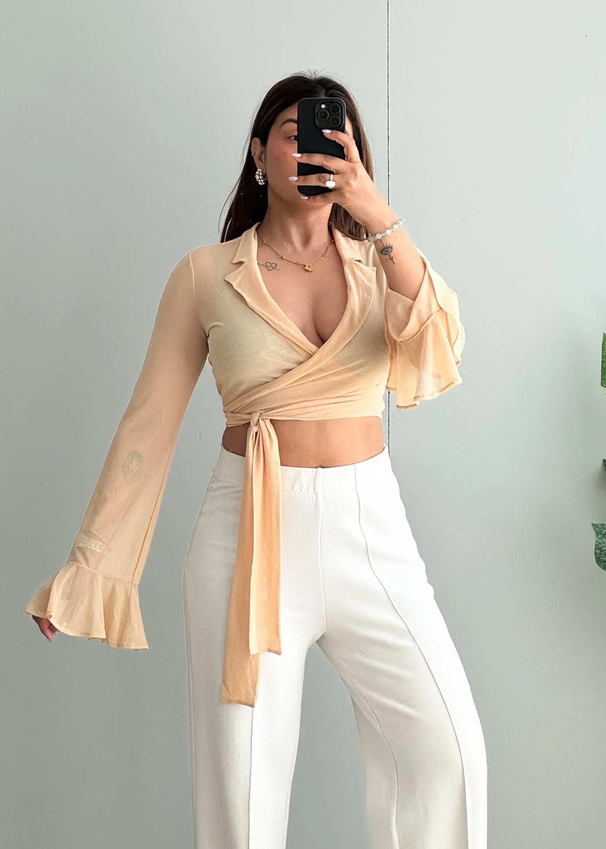 Size M, Beige Sheer Wrap Crop Top for Women - Closet by Payal