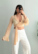 Size M, Beige Sheer Wrap Crop Top for Women - Closet by Payal