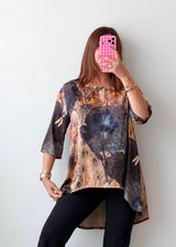 Size L-XL Brown Abstract High-Low Tunic Top
