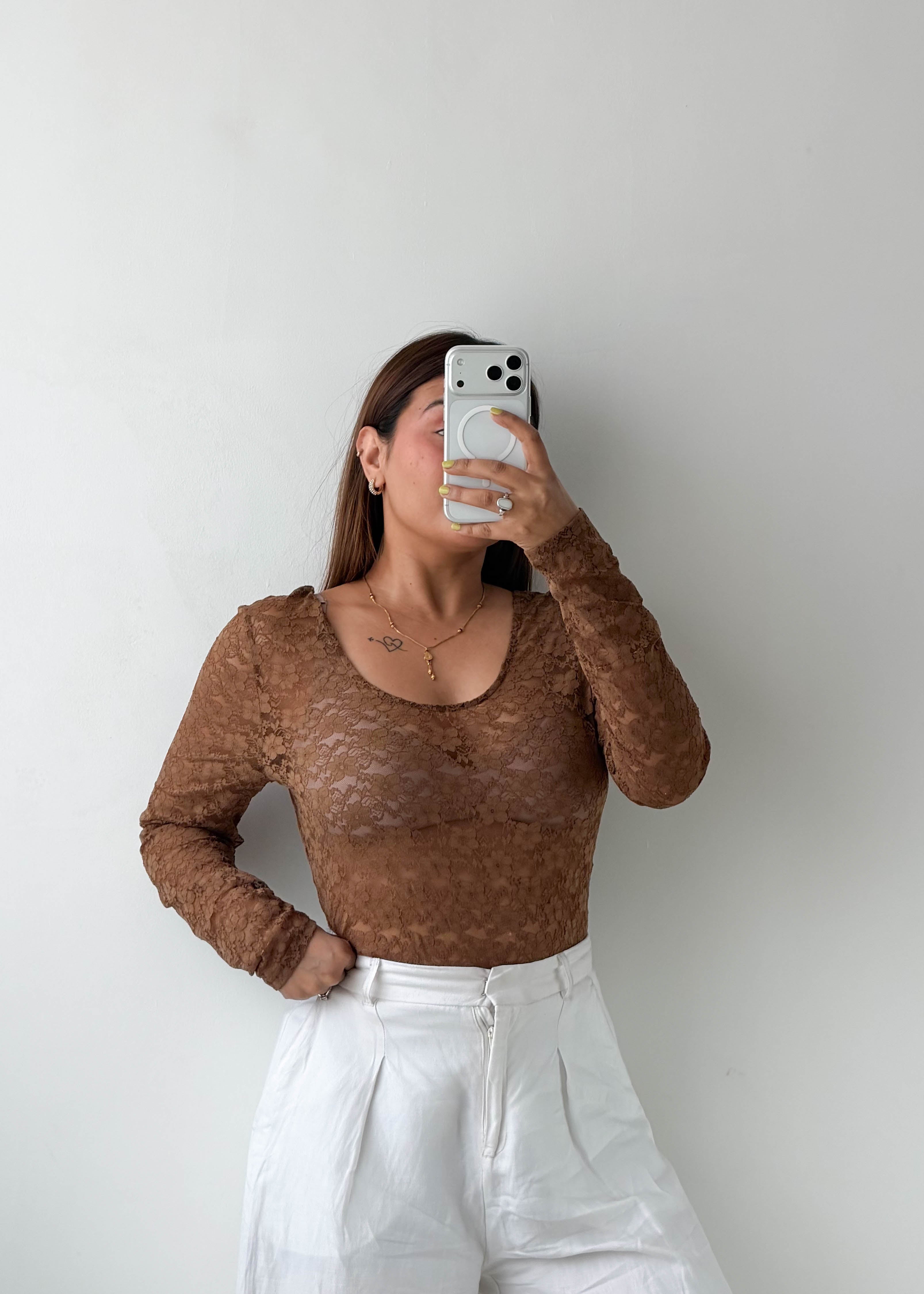 Size L-XL Brown Floral Lace Bodysuit