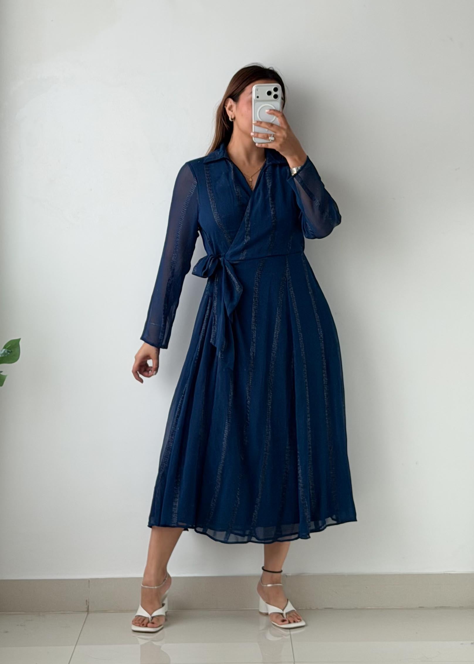 Size M-L Navy Blue Sheer Overlay Maxi Dress