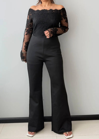 Size M-L, Black Lace Sleeve Wide Leg Jumpsuit - Closet by Payal