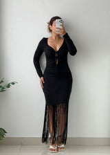 Size M-L Black Fringe Hem Bodycon Maxi Dress
