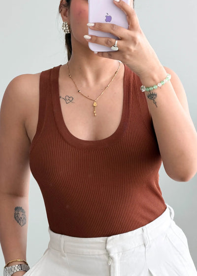 Size S-M, Brown Ribbed Sleeveless Tank Top - Closet by Payal