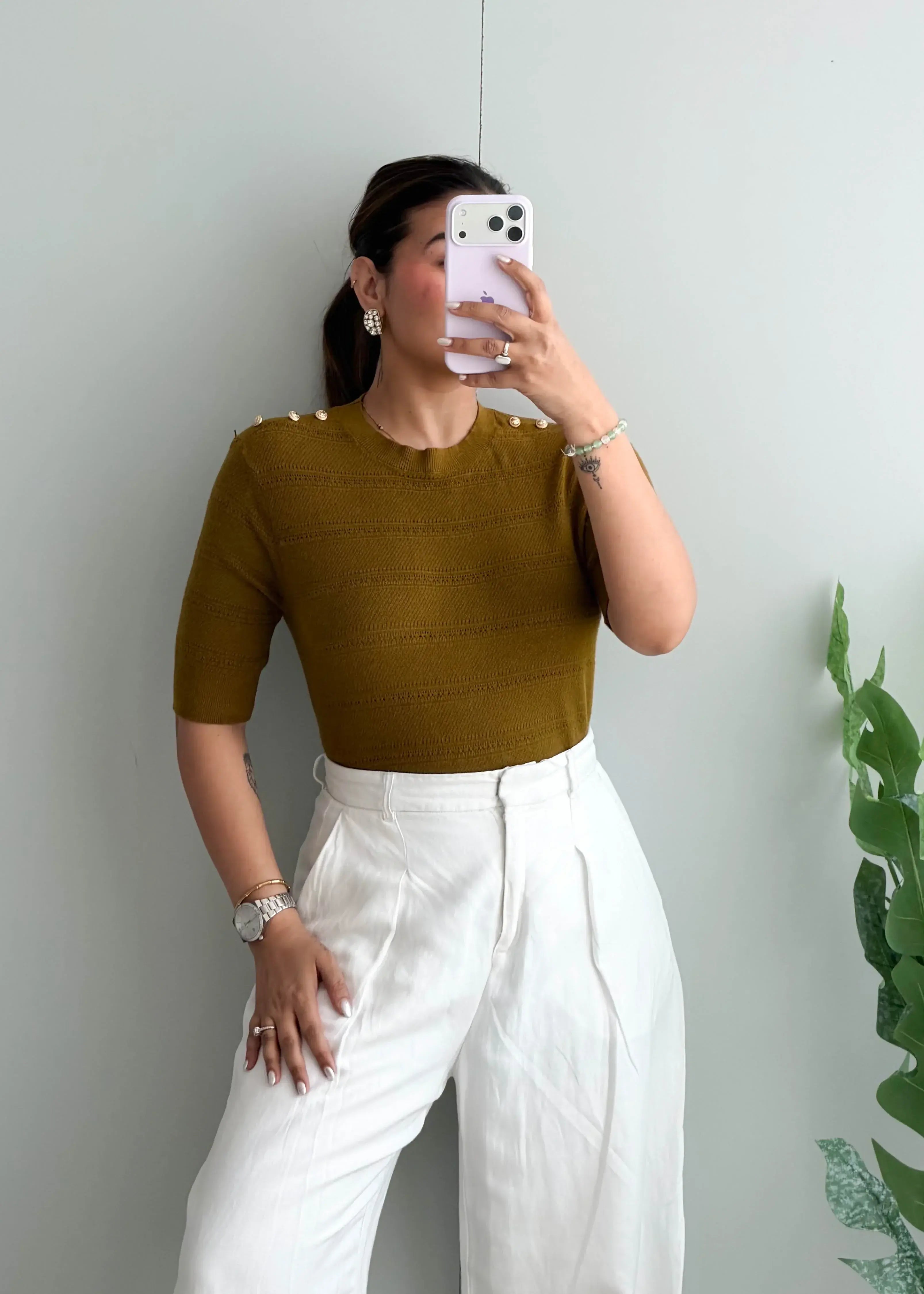 Size S-M, Olive Textured Half Sleeve Top - Closet by Payal