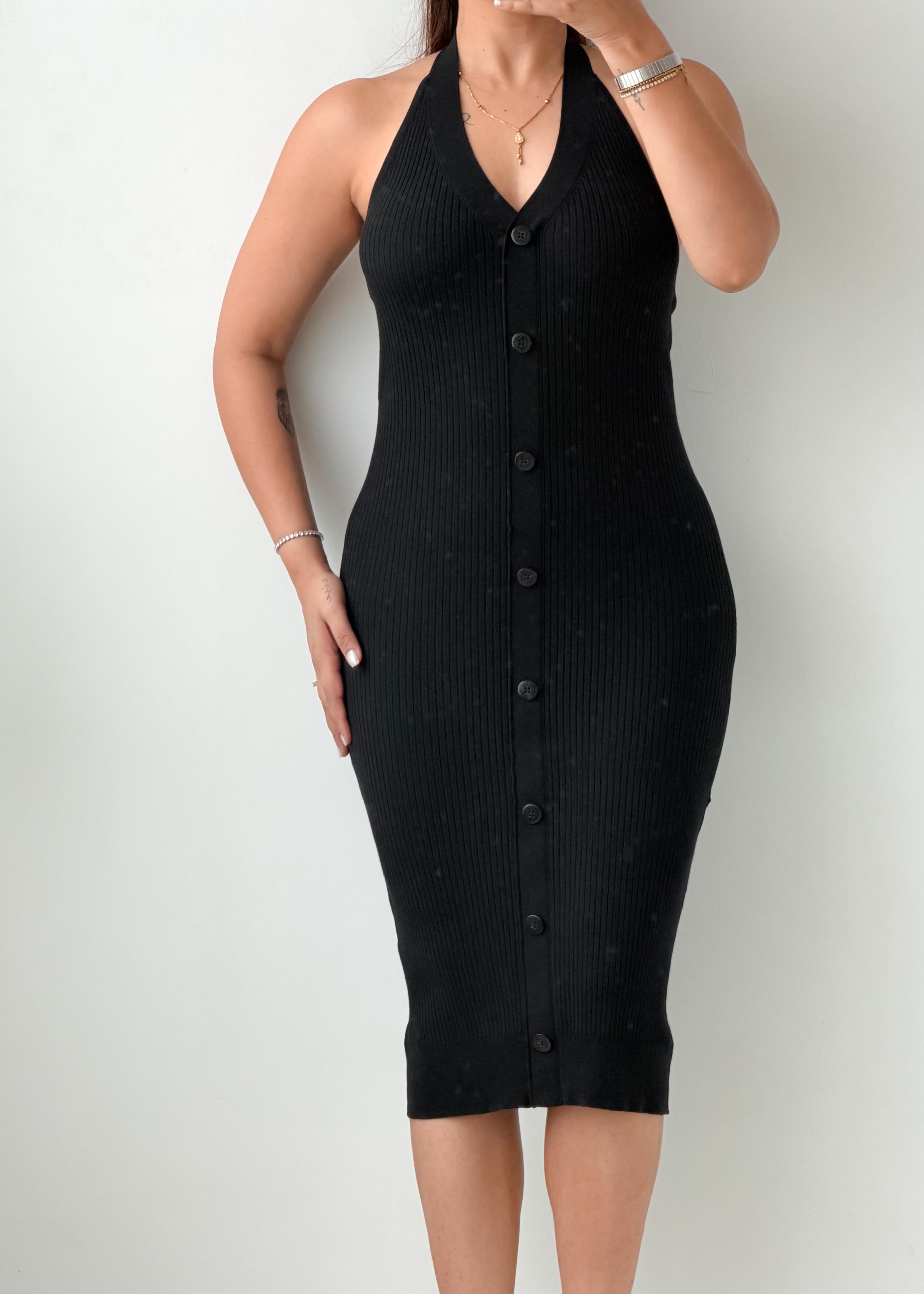 Size XS-M Black Ribbed Button-Front Midi Dress