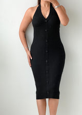 Size XS-M Black Ribbed Button-Front Midi Dress
