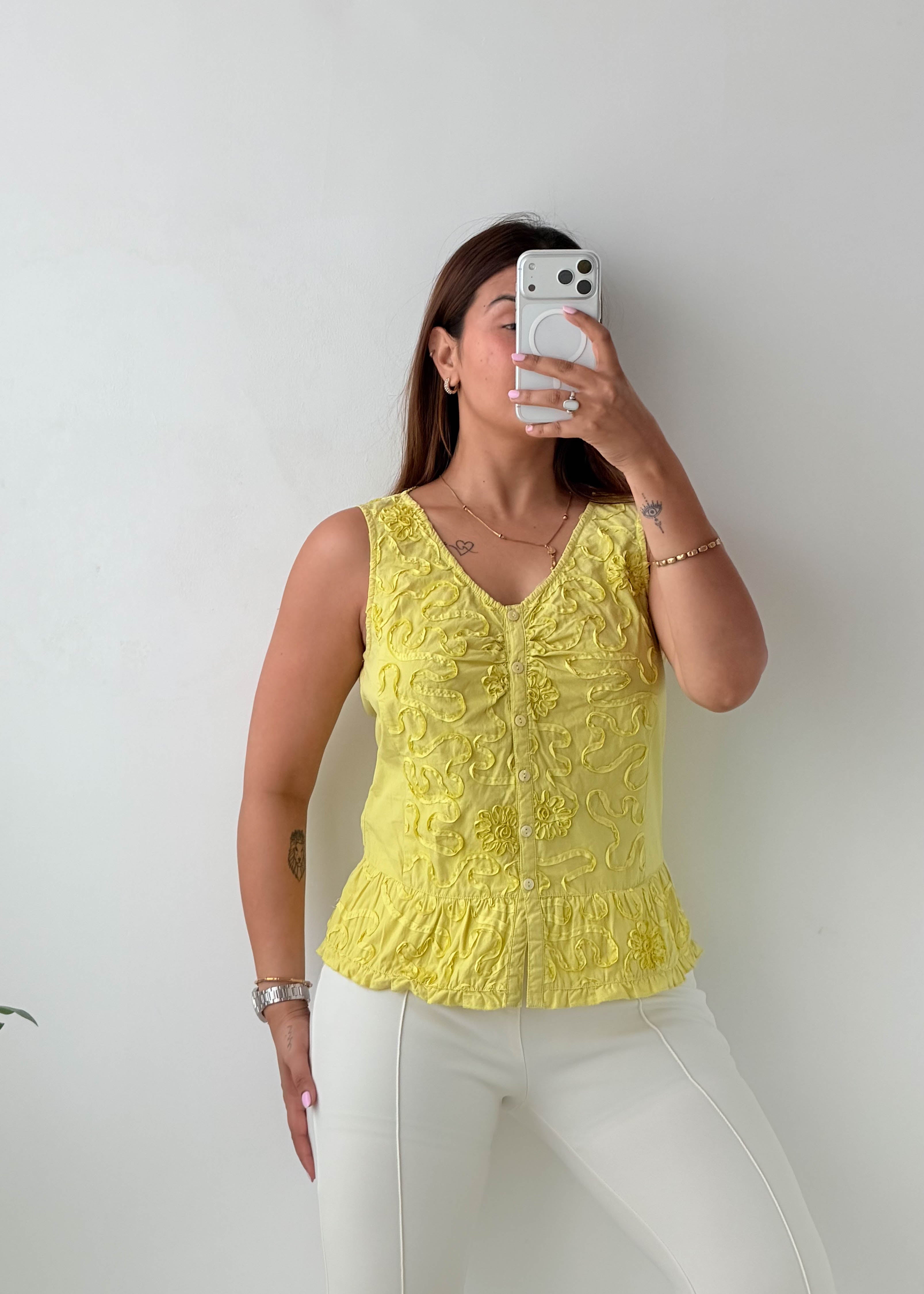 Size M Yellow Embroidered Peplum Top