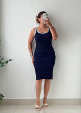 Size S-M Navy Contrast Trim Ribbed Knit Midi Dress