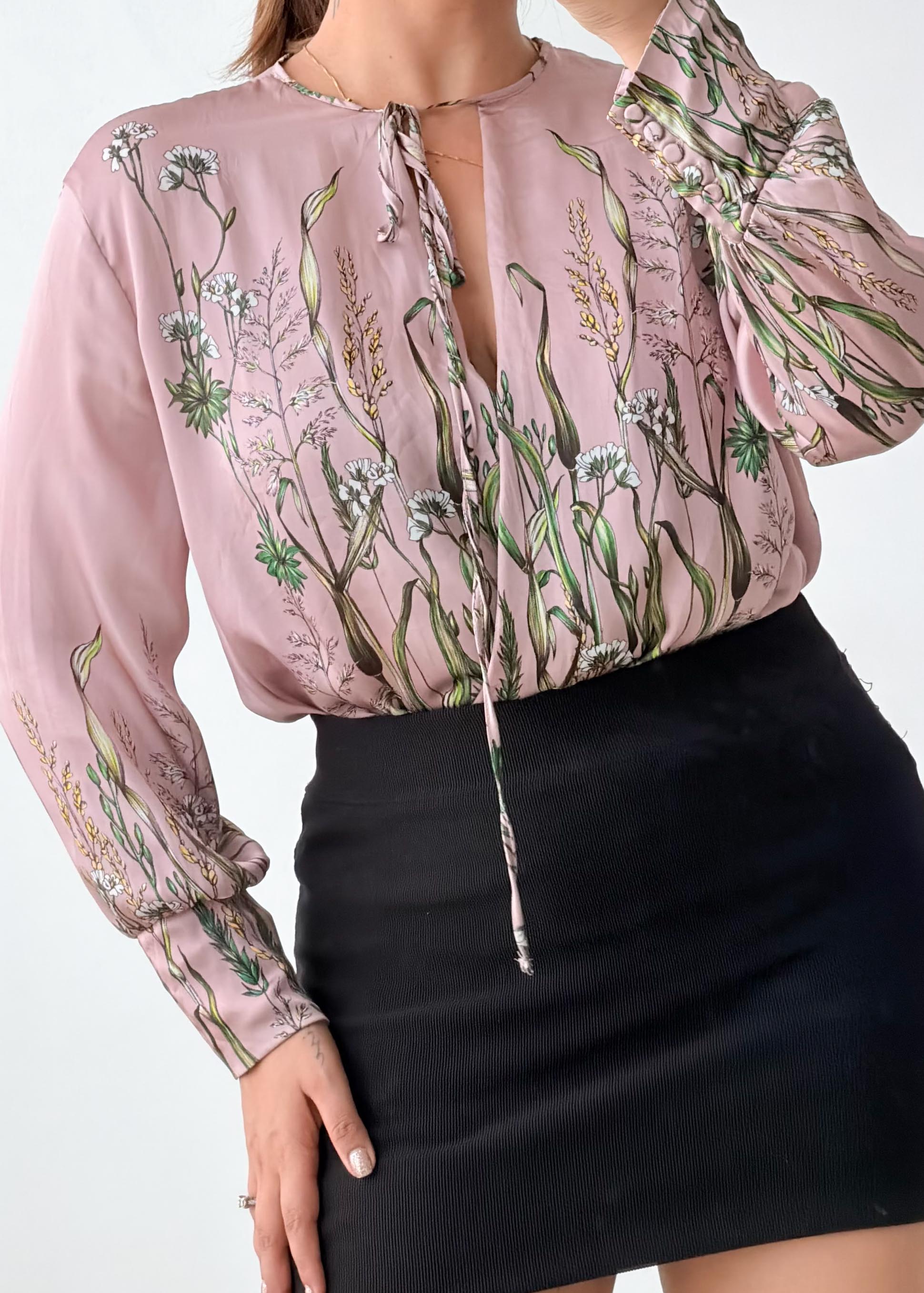 Size S-M Blush Floral Tie Neck Bodysuit
