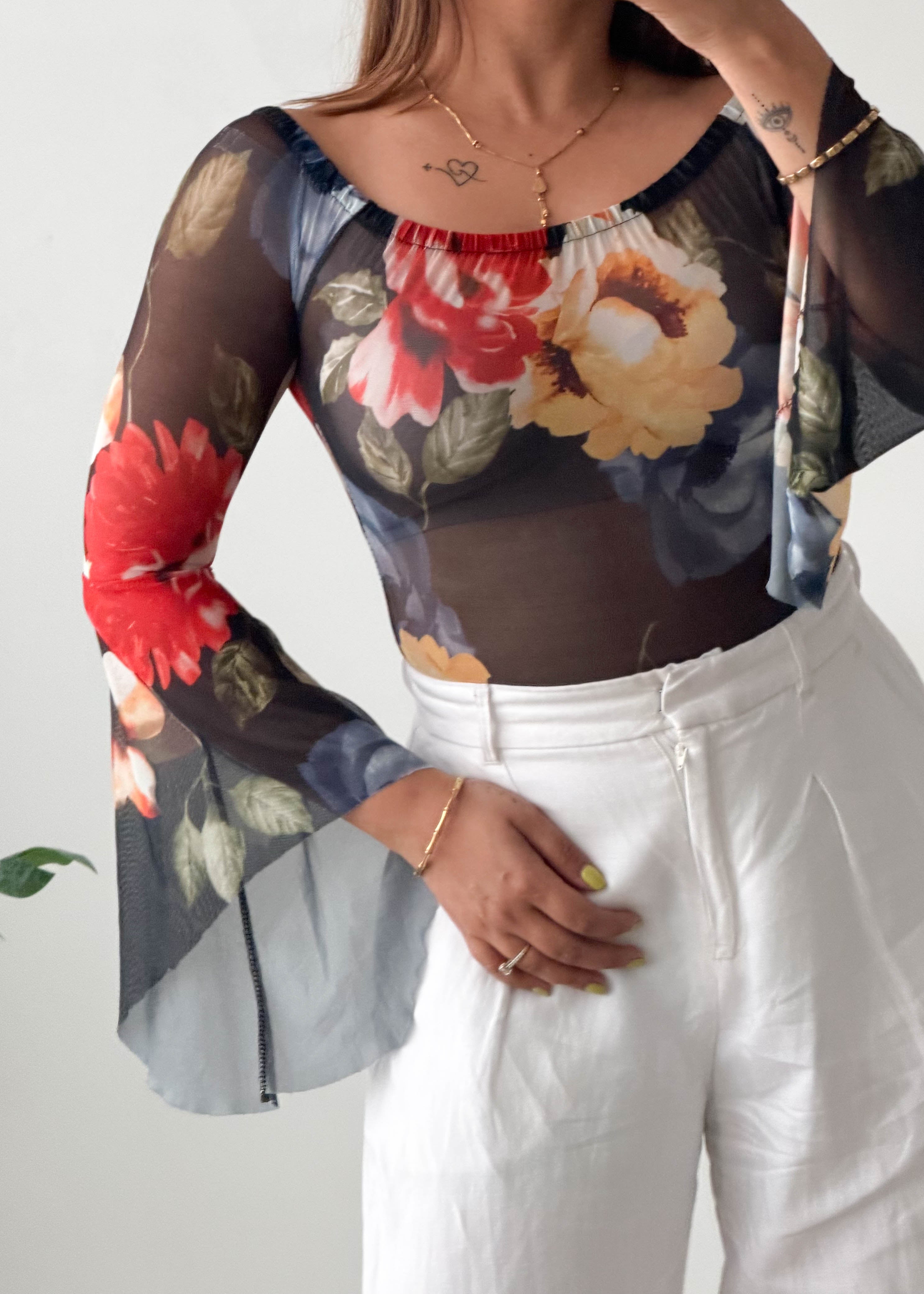 Size S-M Black Floral Mesh Bodysuit
