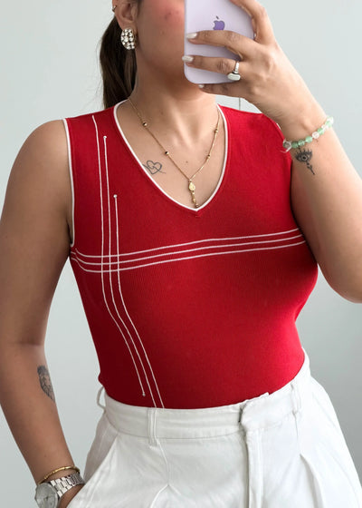 Size S-M, Red Contrast Stitch Sleeveless Top - Closet by Payal
