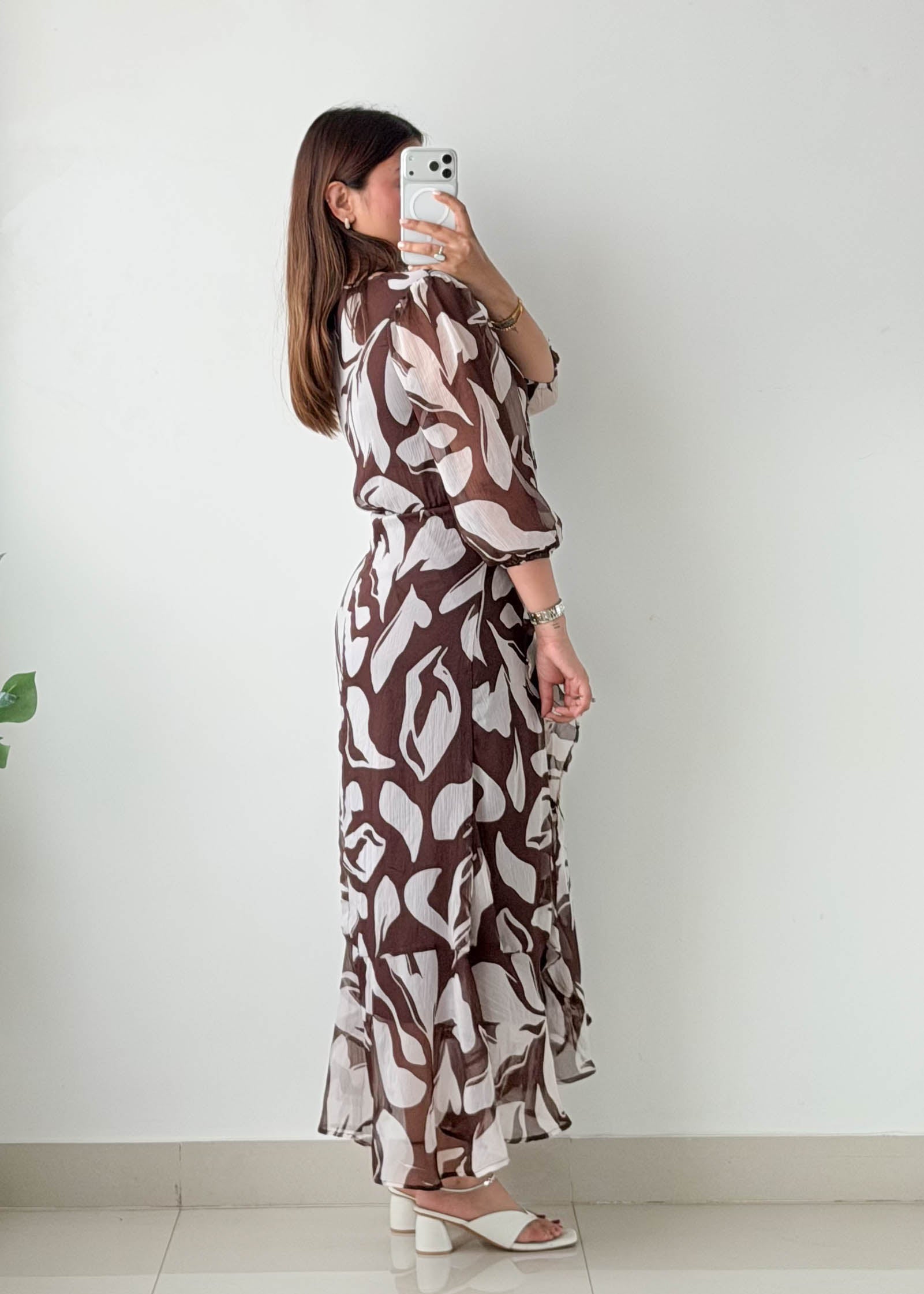 Size XS-S Brown Abstract Printed Wrap Dress