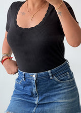 Size L-XL Black Ribbed Scallop Neck Bodysuit