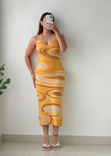 Size S-M Mustard Abstract Print Knit Midi Dress