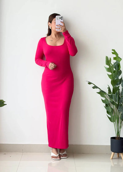 Size M-L, Hot Pink Long Sleeve Maxi Dress - Closet by Payal