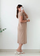 Size M-L Beige Button-Down Shirt Midi Dress