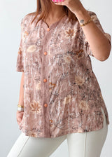 Size S-M Beige Botanical Print Button Shirt Top