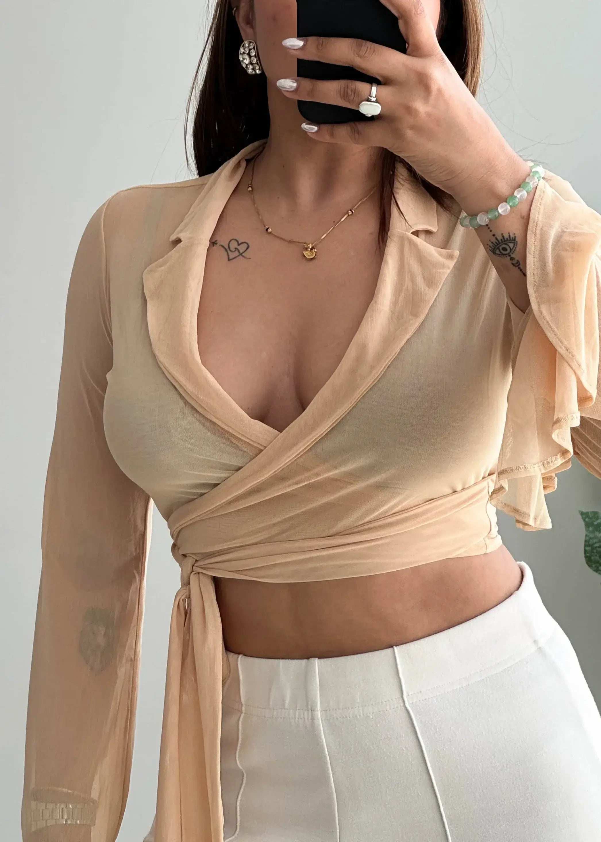 Size M, Beige Sheer Wrap Crop Top for Women - Closet by Payal