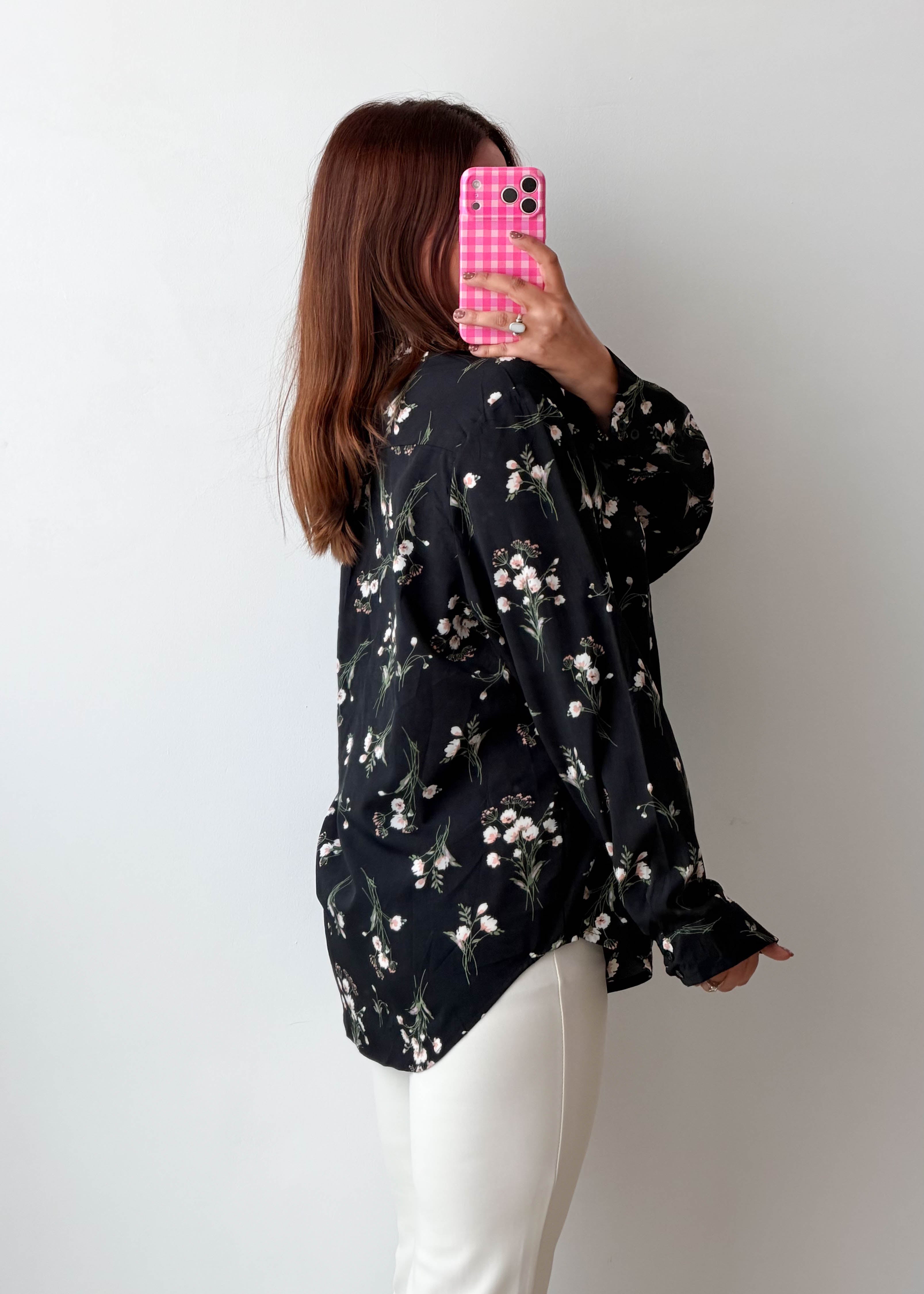 Size L-XL Black Floral Longline Shirt Top