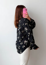 Size L-XL Black Floral Longline Shirt Top