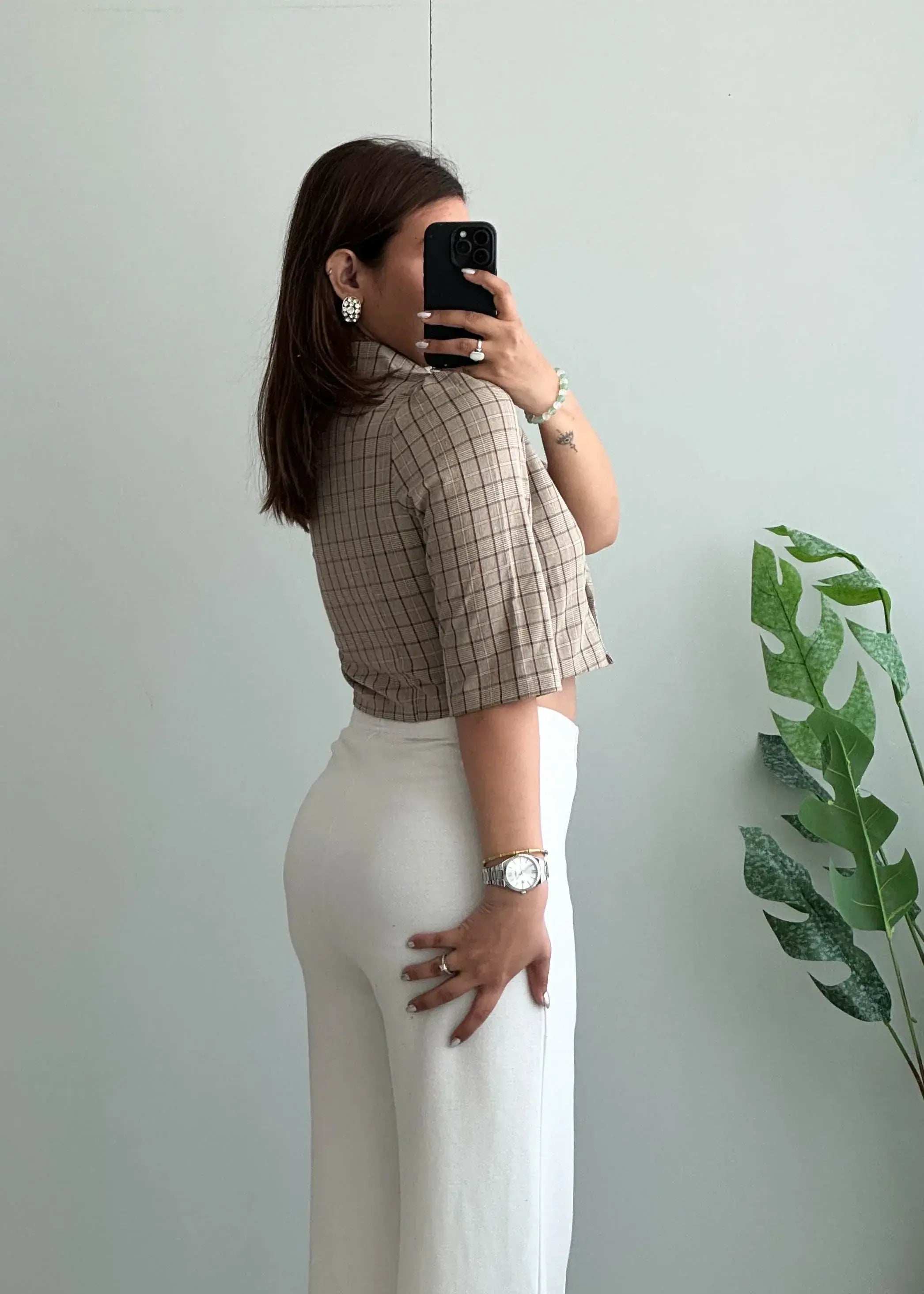 Size S-M, Beige Plaid Cropped Blazer Top for Women - Closet by Payal