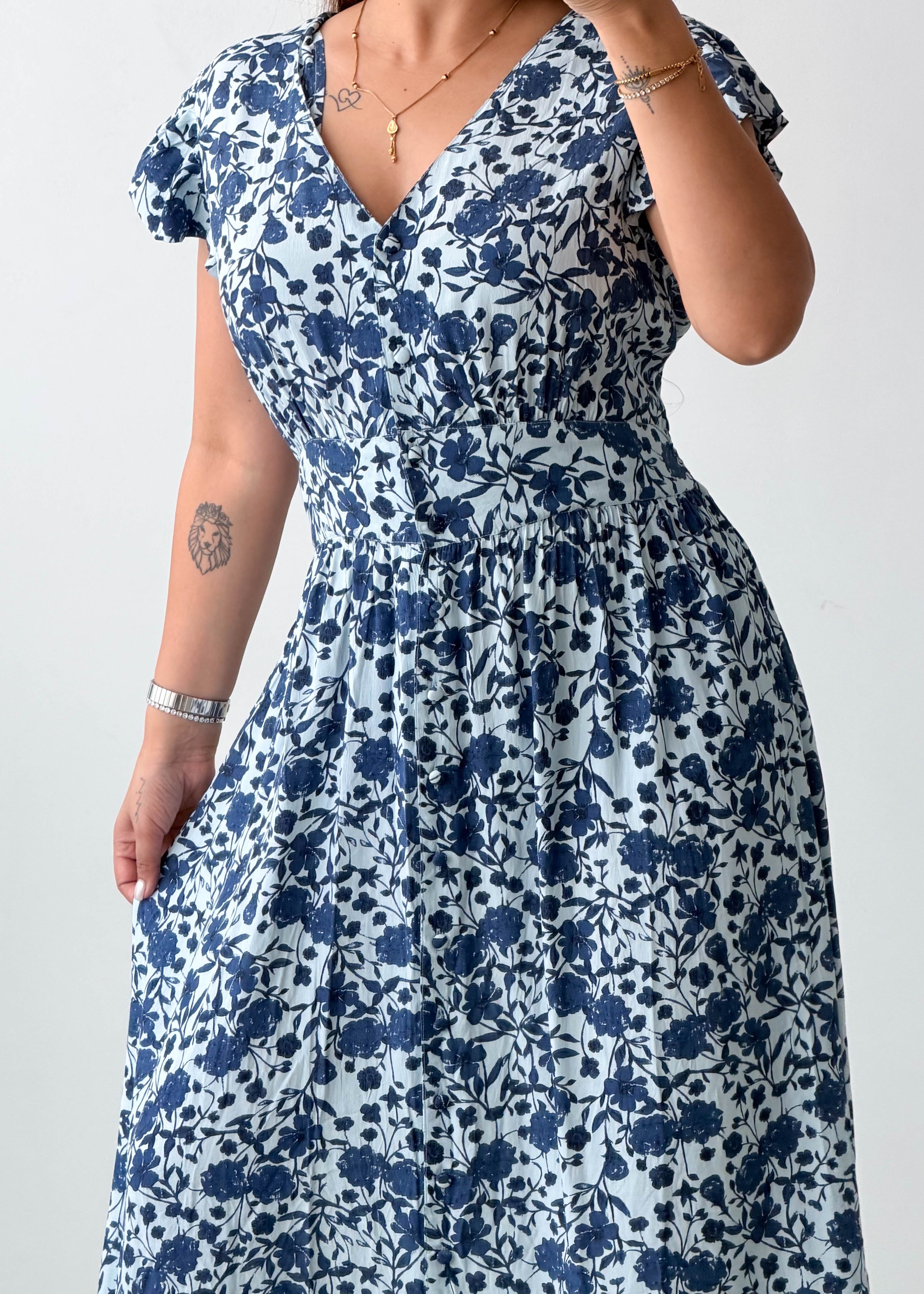 Size L-XL Blue Floral Printed Midi Dress