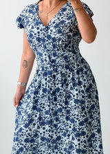 Size L-XL Blue Floral Printed Midi Dress