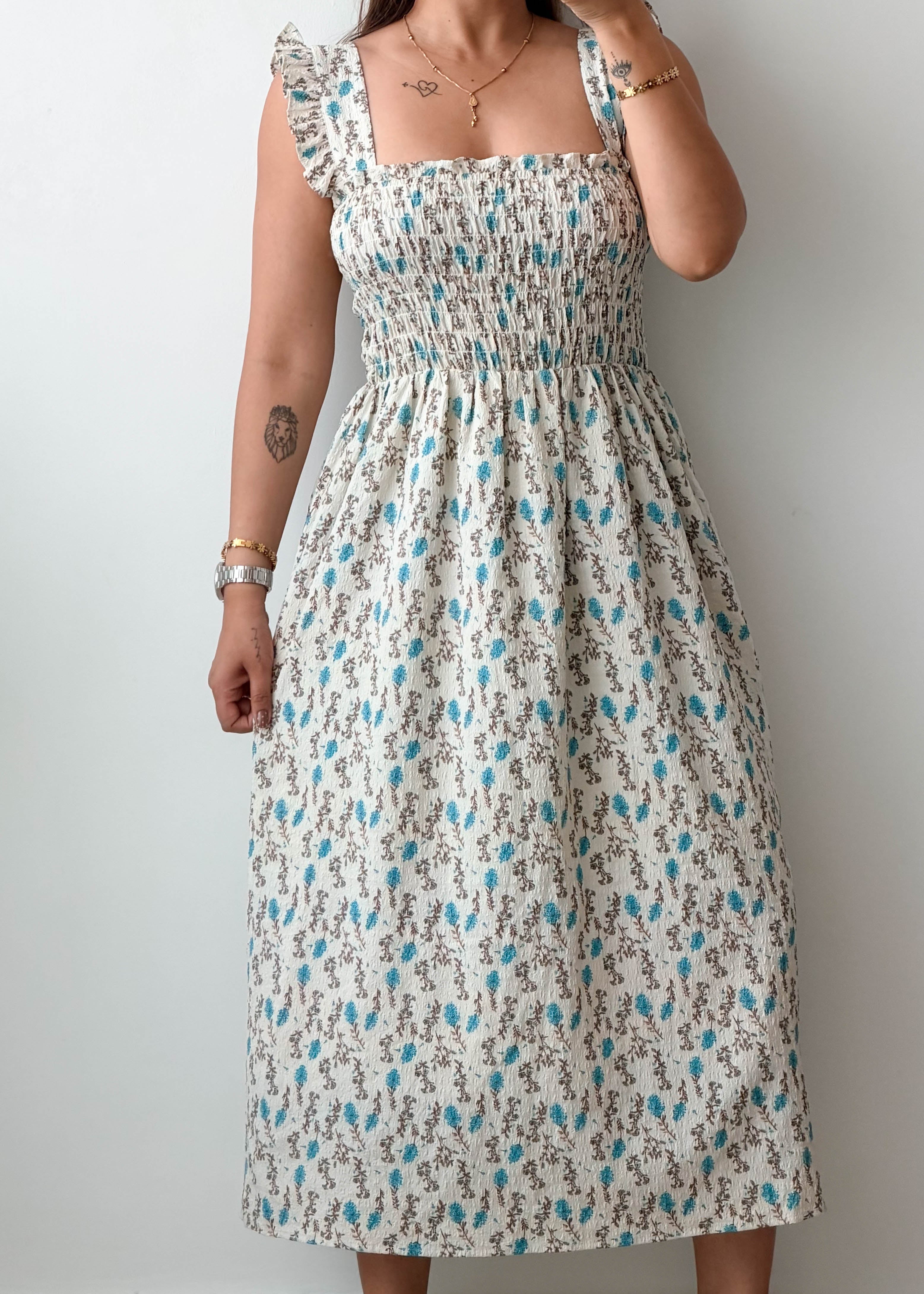 Size S-M White & Blue Floral Smocked Midi Dress