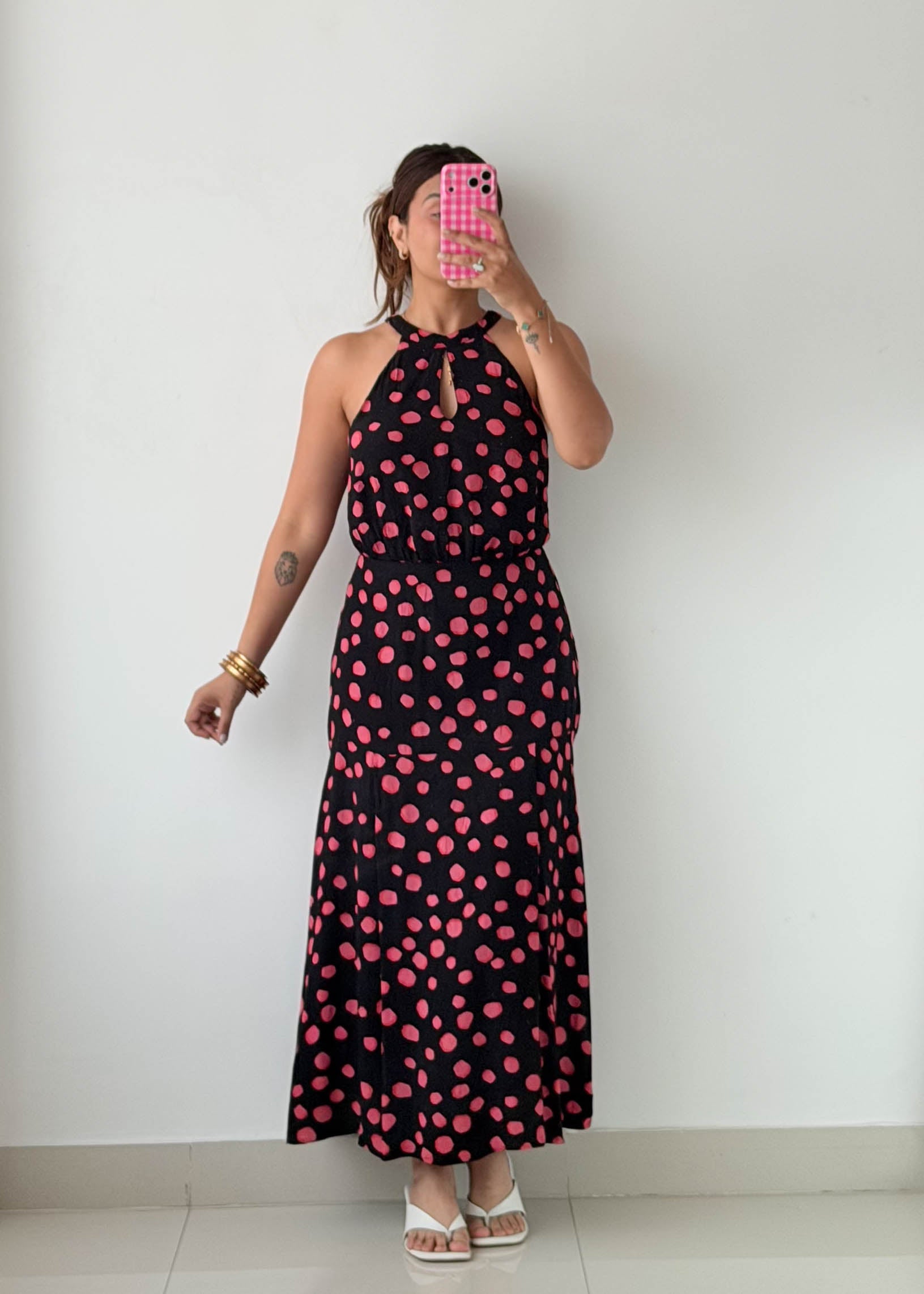 Size S Black & Pink Polka Dot Halter Maxi Dress