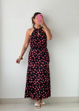 Size S Black & Pink Polka Dot Halter Maxi Dress