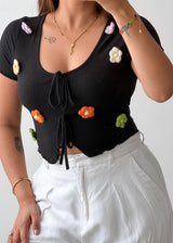 Size S-M Black Floral Appliqué Tie Front Top