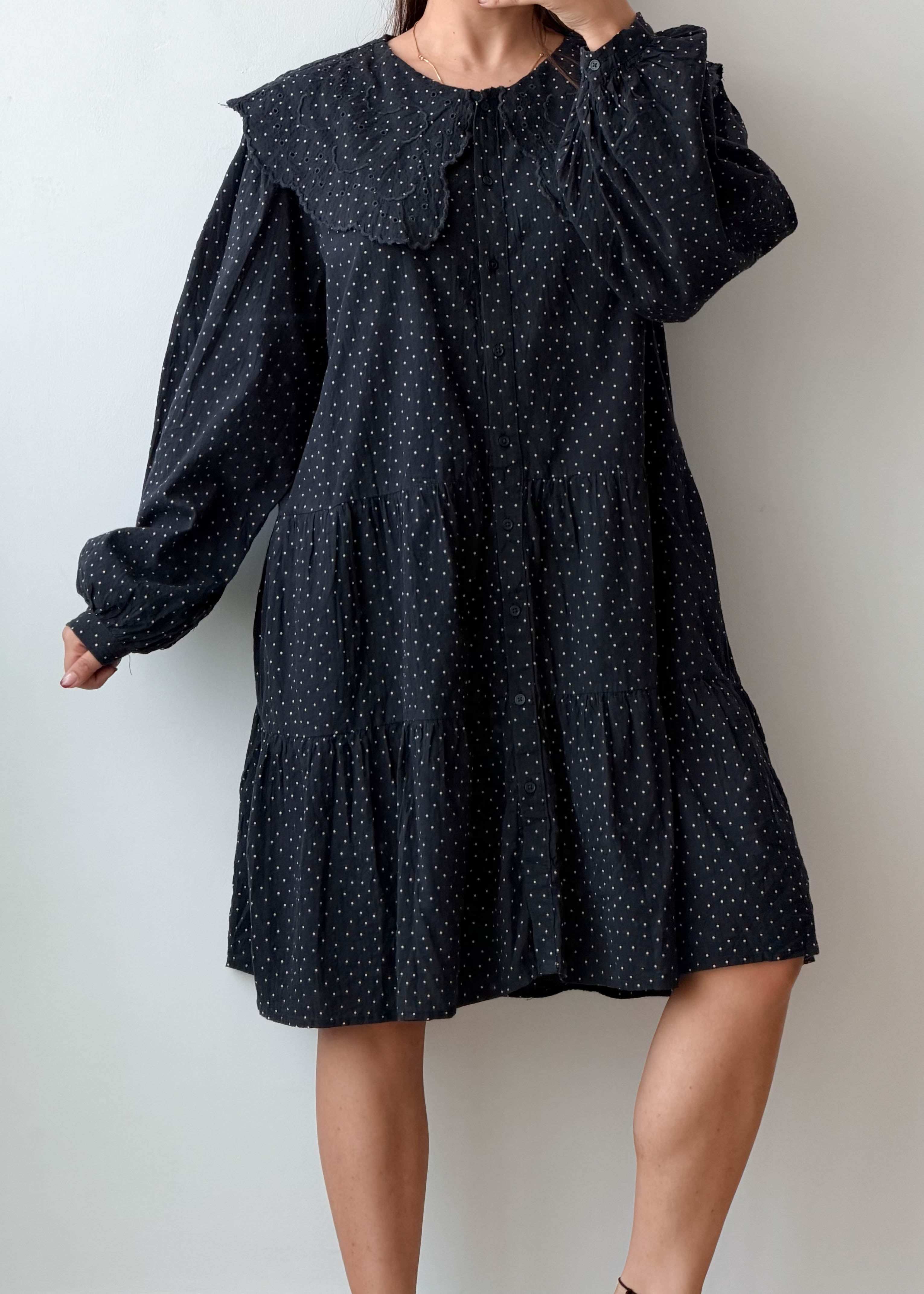 Size L-XL Black Swiss Dot Babydoll Dress