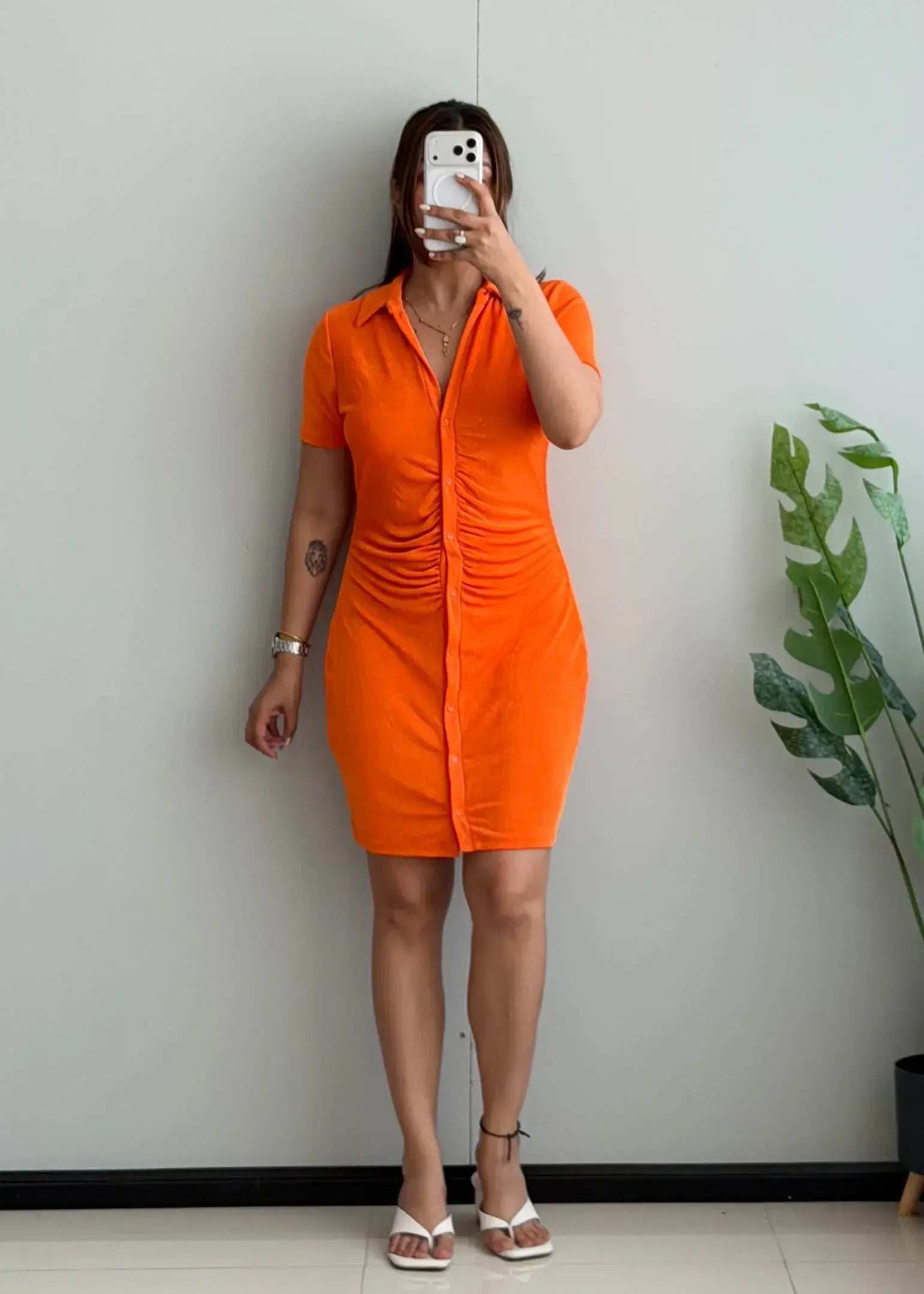 SIZE M-L, Orange Ruched Shirt Dress - Closet by Payal