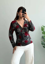 Size M-L, Red Rose Print Twist Front Top for Women - Closet by Payal