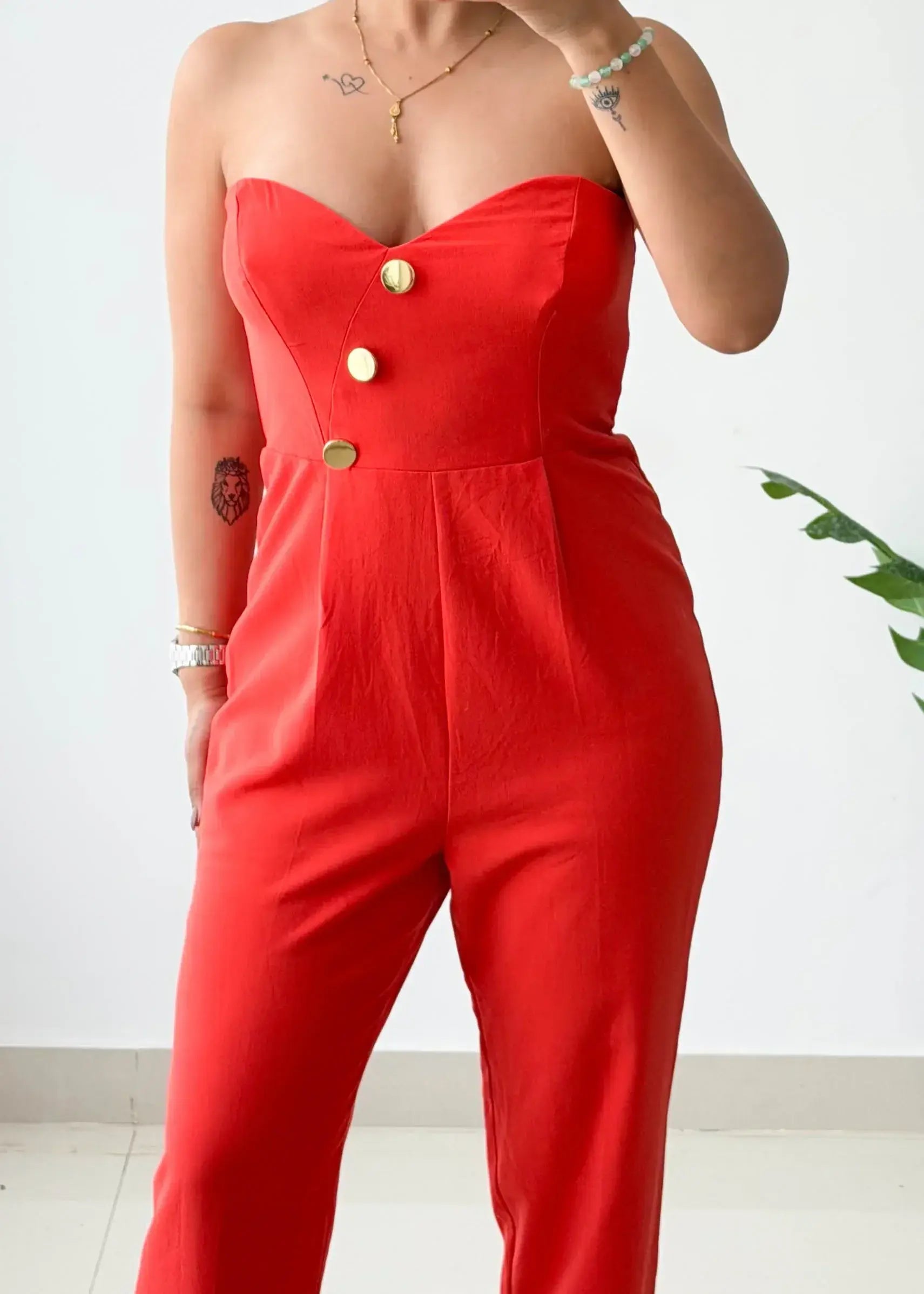Size M-L, Red Strapless Jumpsuit - Closet by Payal